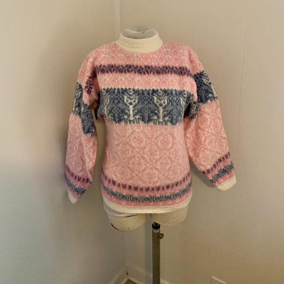 VTG 80s 90s Pastel Pink Spunky Crewneck Knit Sweater Turtleneck Cosby Snowflake - Picture 8 of 15